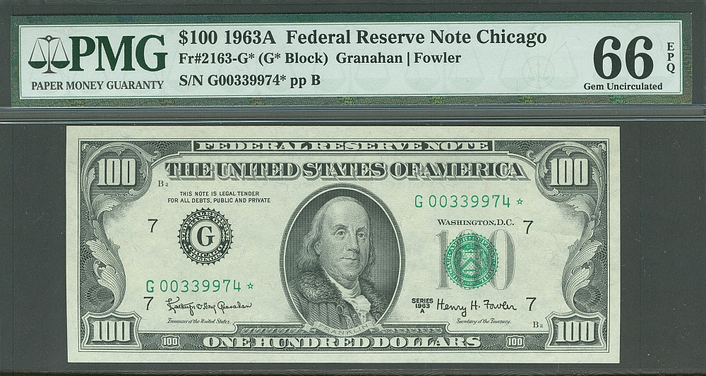 Fr.2163-G*, 1963A $100 Chicago Star Note, GemCU, PMG66-EPQ, G00339974*